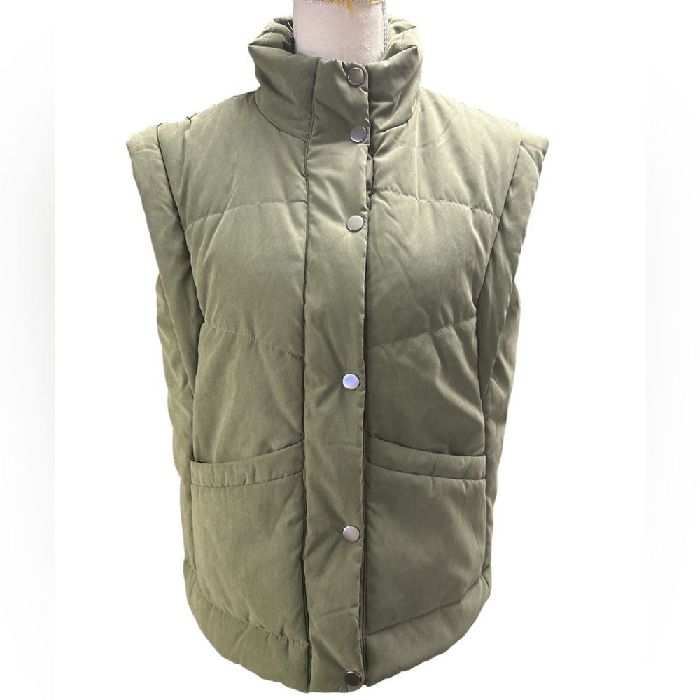 Joie Olive Green Quilted Puffer Quiet Luxury Women's Snap Vest EUC S